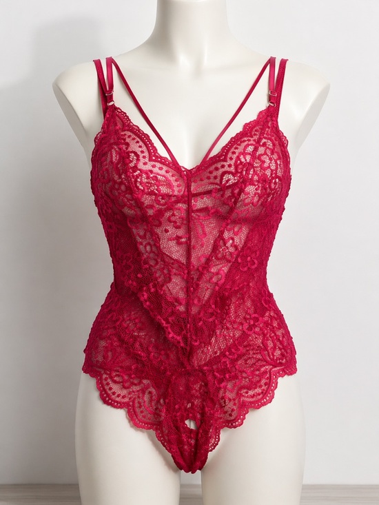 Other - Women's Sexy Lace Teddy Bodysuit Red Rose - Elegant Sheer open Croch